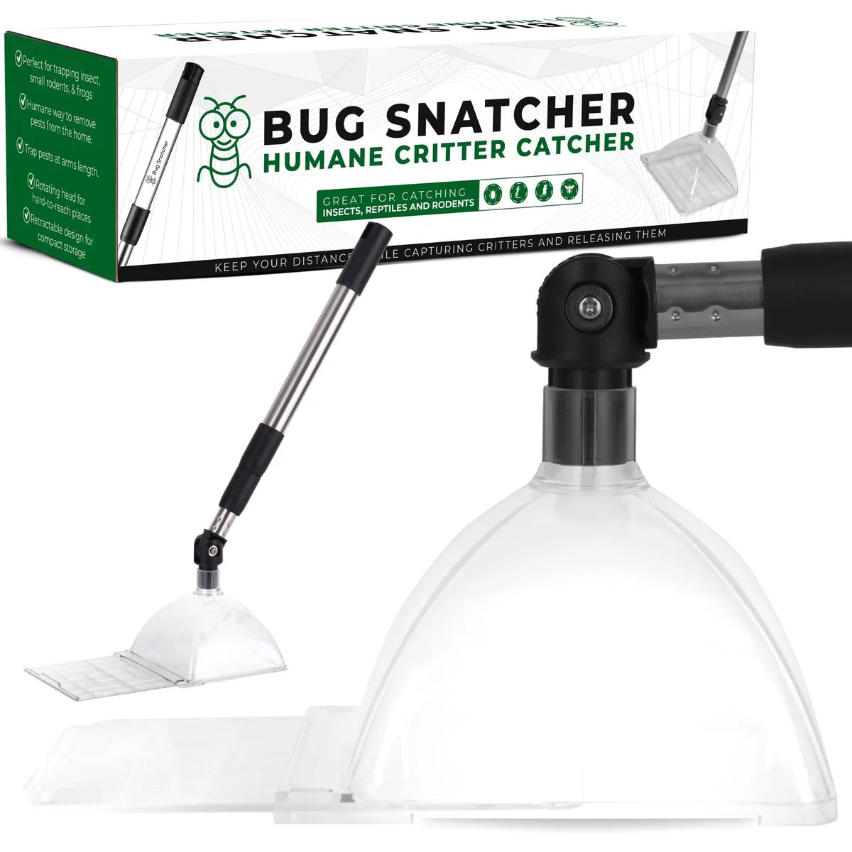 Silver extendable pole with clear rotating trap head, 180° hinge visible
