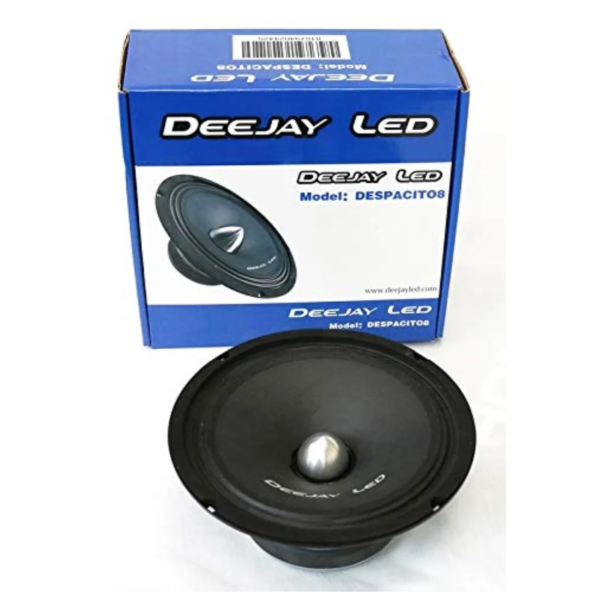 Black 8-inch mid-bass speaker driver with silver cone and rubber surround