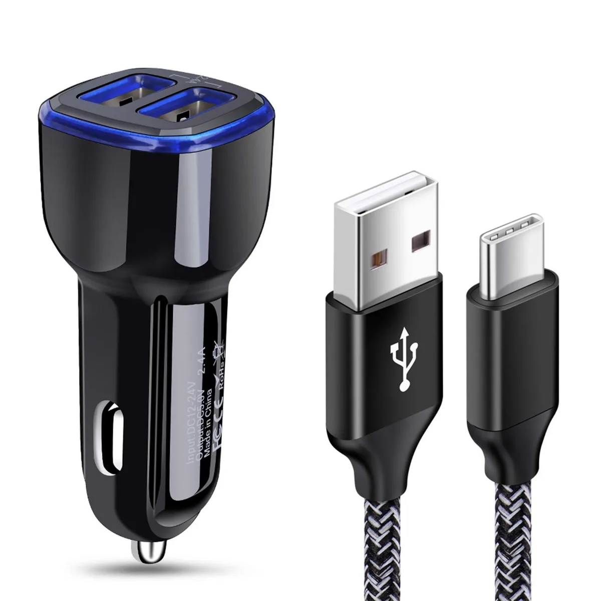 Compact dual-port car charger with six-foot braided USB-C cable
