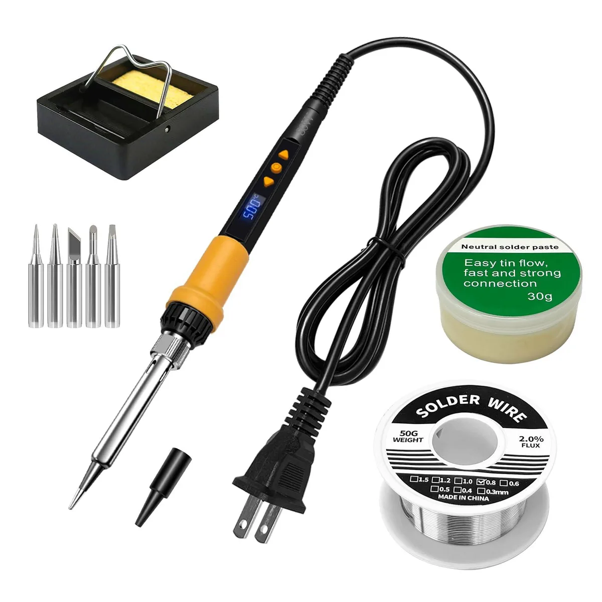 Orange 80W soldering iron kit with LED display, stand, five tips, solder wire and flux