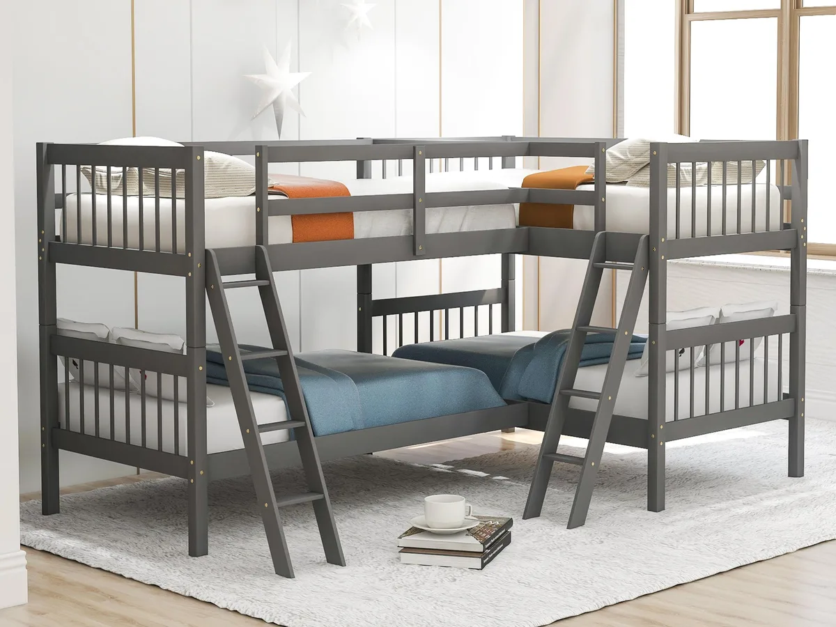 Gray solid-wood L-shaped twin bunk bed with ladder and full guardrail, 76 by 39 inches