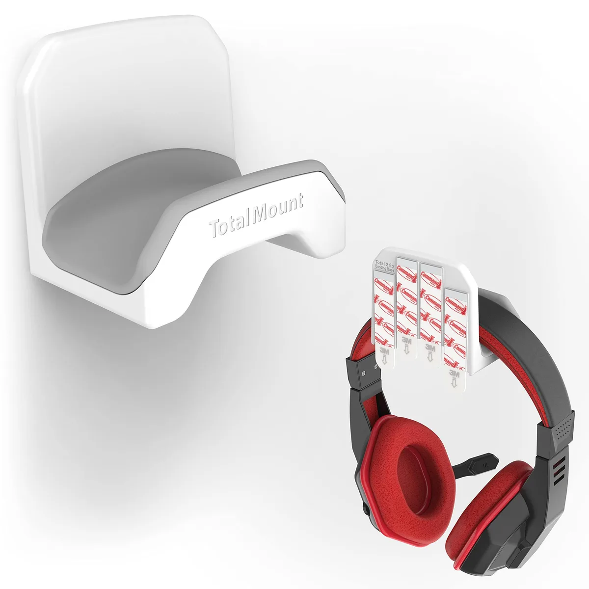 White headset hanger with large silicone cradle and removable adhesive strip