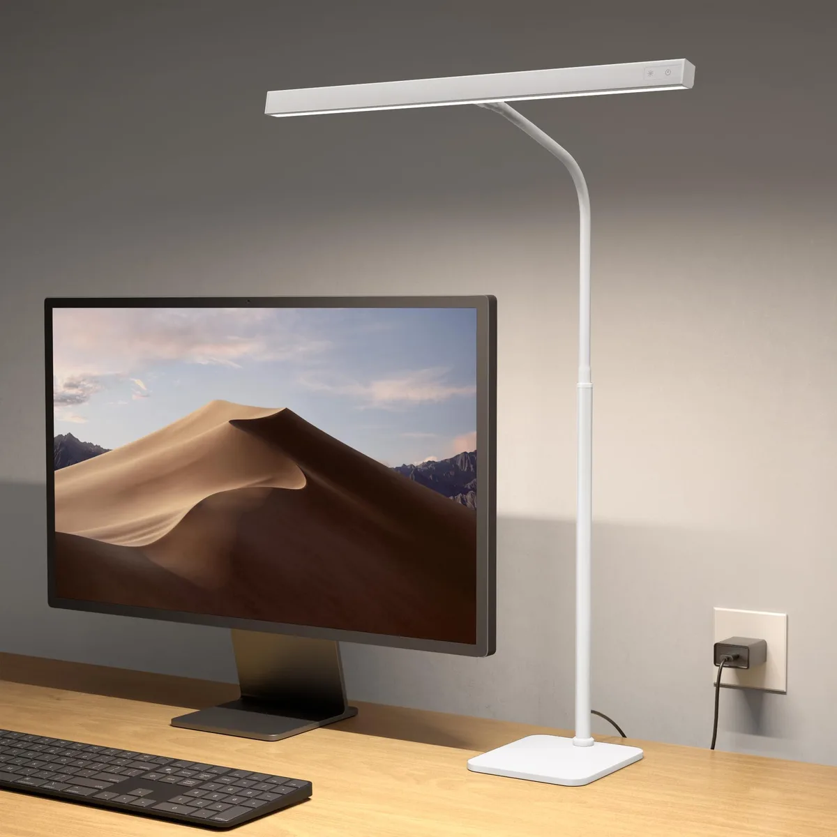 White gooseneck desk lamp with rectangular light bar, touch controls on bar, metal base