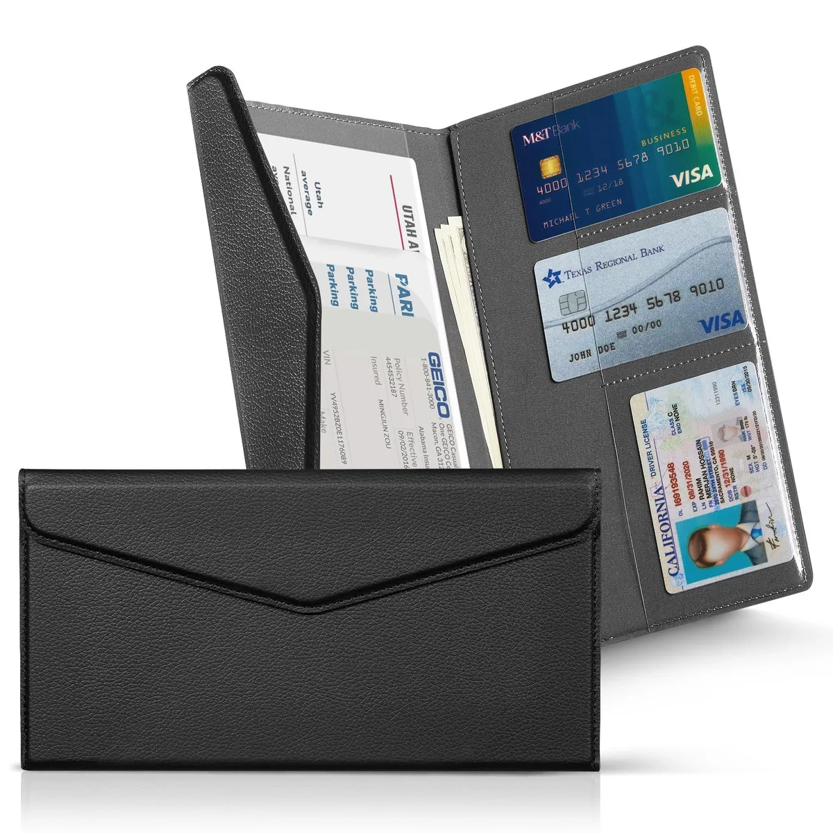 Black faux leather car document holder with magnetic closure, rectangular shape, lychee texture finish
