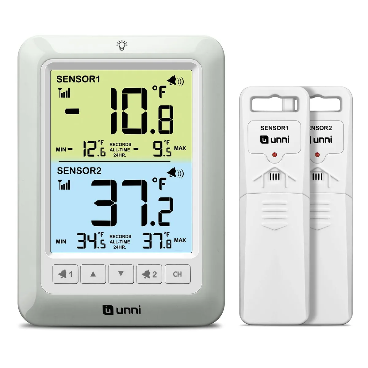 Wireless fridge freezer thermometer with 4.5 inch backlit display and two sensors