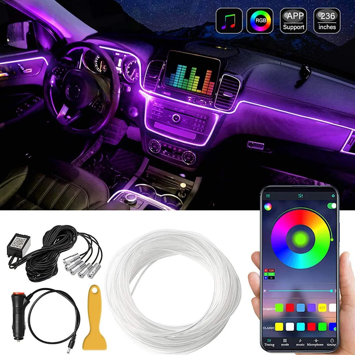  Car LED Interior Strip Light 16 Million Colors 5 in 1 236 inches Fiber Optic — product photo