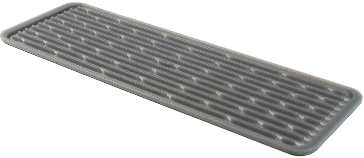 Rectangular gray silicone mat with ribbed surface for drying stemware