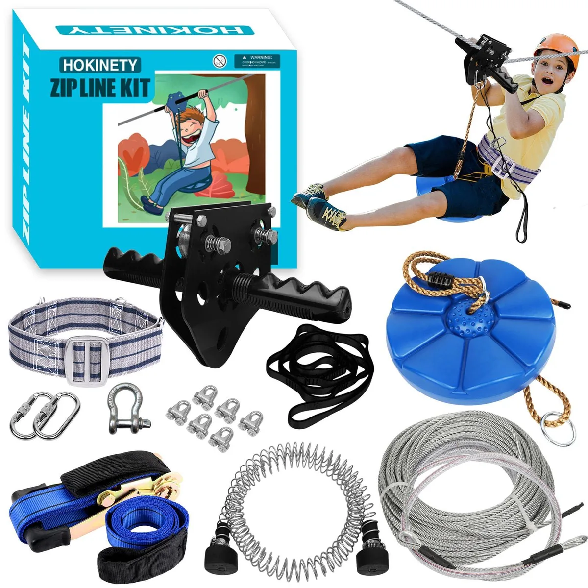 Coiled steel cable, ratchet tensioner, removable trolley with rubber grips, adjustable seat and safety belt