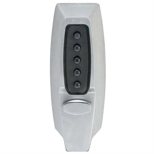 Satin chrome mechanical pushbutton door lock with deadlocking latch