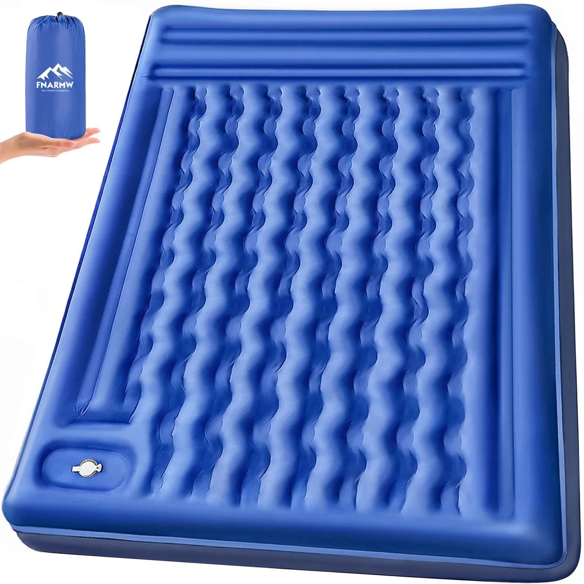 Navy grey rectangular inflatable sleeping pad with built-in pillow, shown inflated on flat surface