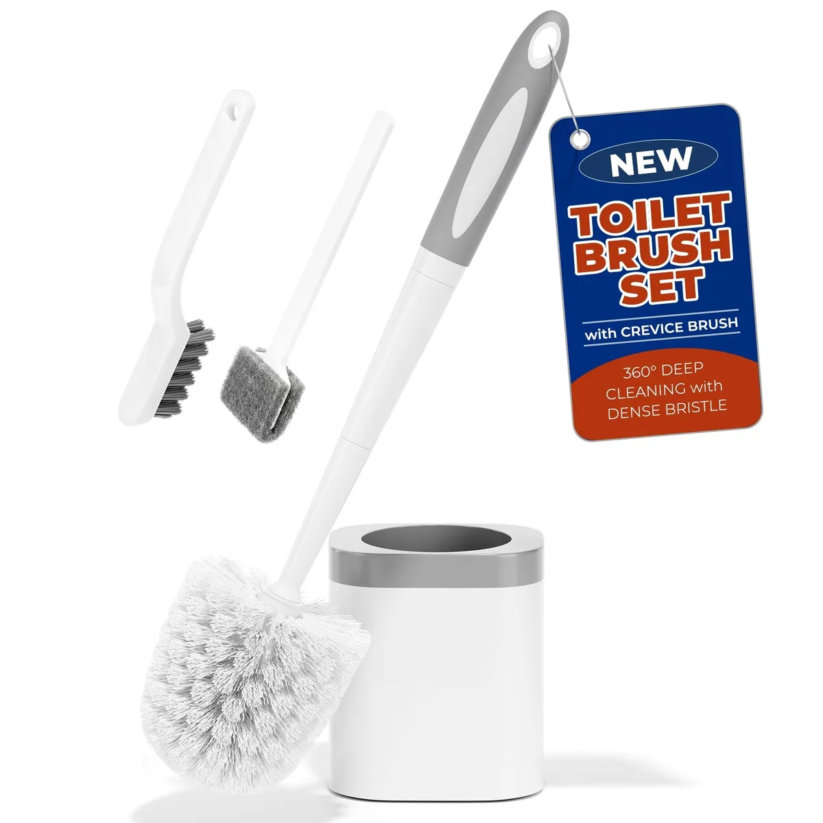 Toilet Brush and Holder Set White 1 Pack Ergonomic Silicone Handle Dense Bristles — product photo