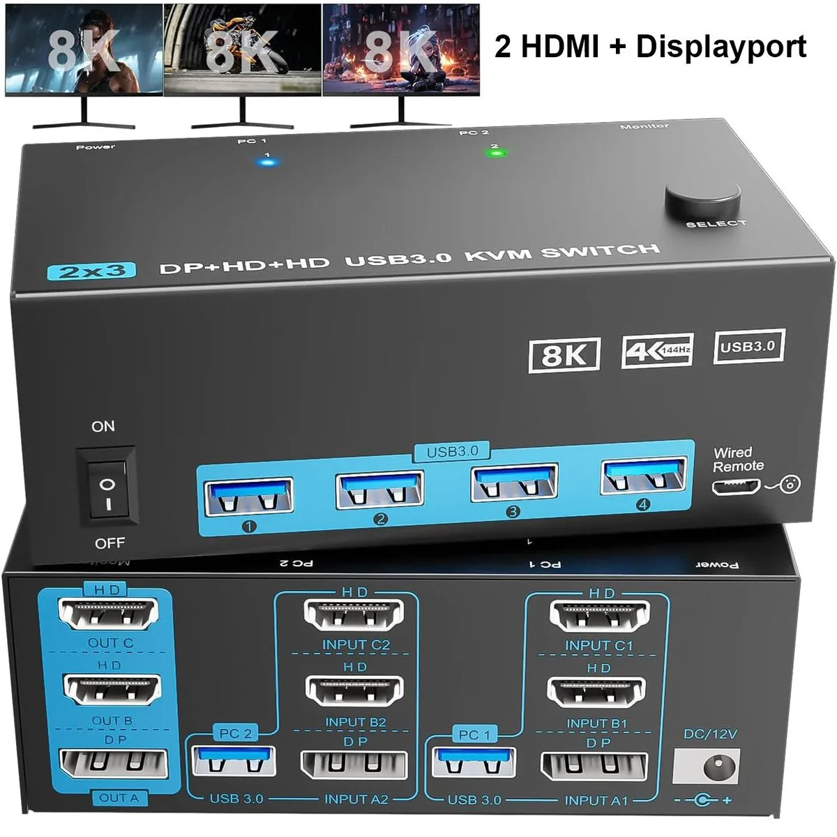 Hitoor Hitoor 2 PC 3 Monitor KVM Switch 2 HDMI 1 DP 8K 60Hz 4K 144Hz 4 USB 3.0 — product photo