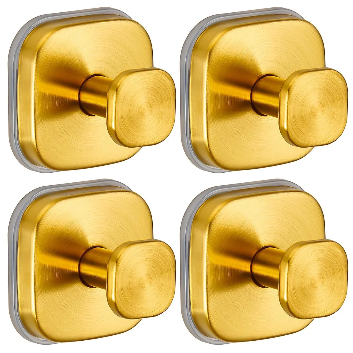 Four brushed gold suction cup hooks with stainless steel frames