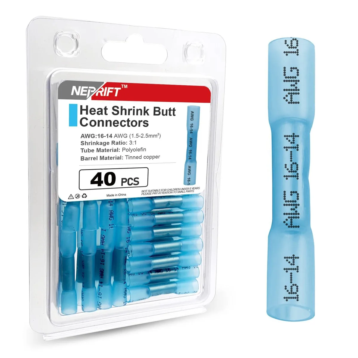  40PCS 16-14 AWG Blue Heat Shrink Butt Connectors — product photo
