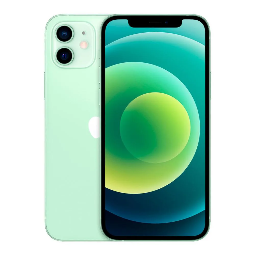 Green iPhone 12 with flat aluminium sides and glass back showing dual rear cameras