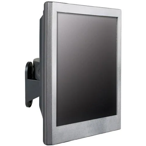 Black metal wall mount bracket with pivoting arm and VESA adapter plates