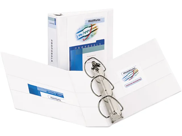 White 3-inch D-ring view binder with textured linen finish and clear overlay panels