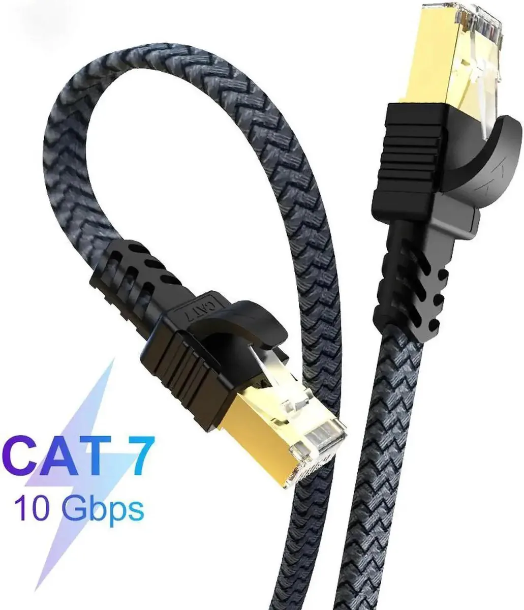 Flat white Cat7 ethernet cable with RJ45 connectors, 10ft length