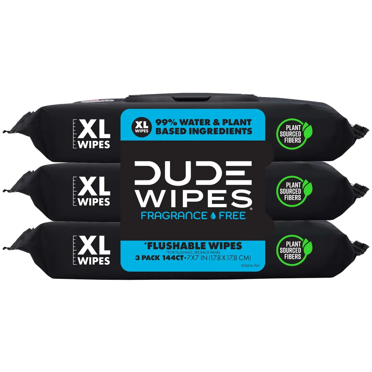 Three packs of fragrance-free flushable wet wipes, 144 count total