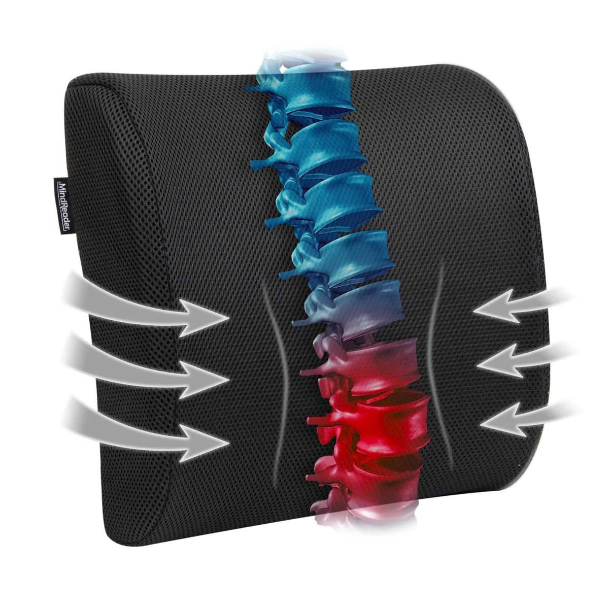 Black lumbar cushion with leather finish and adjustable strap