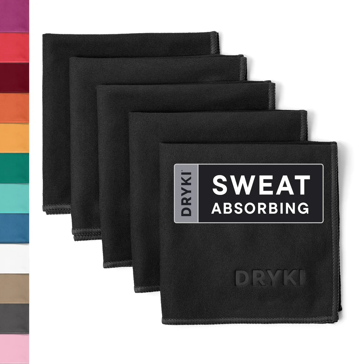 Five square black microfiber towels folded flat