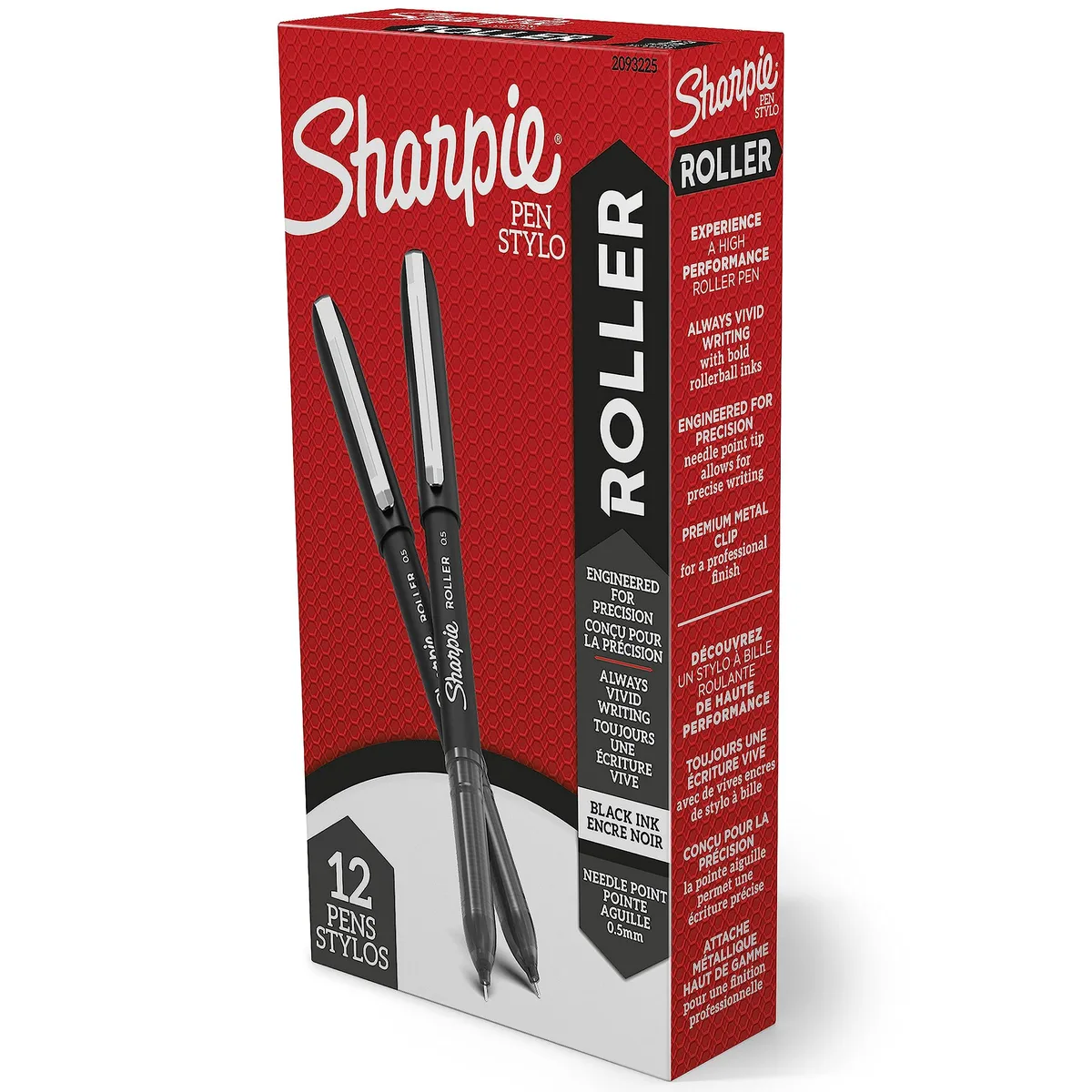 Twelve black rollerball pens with metal clips and translucent grips in a pack