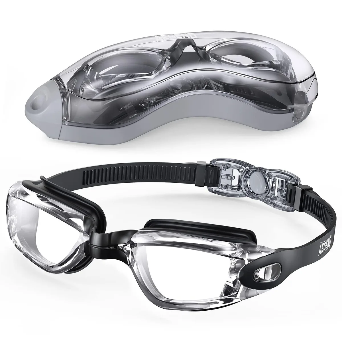 Blue silicone swimming goggles with mirrored lenses and adjustable strap