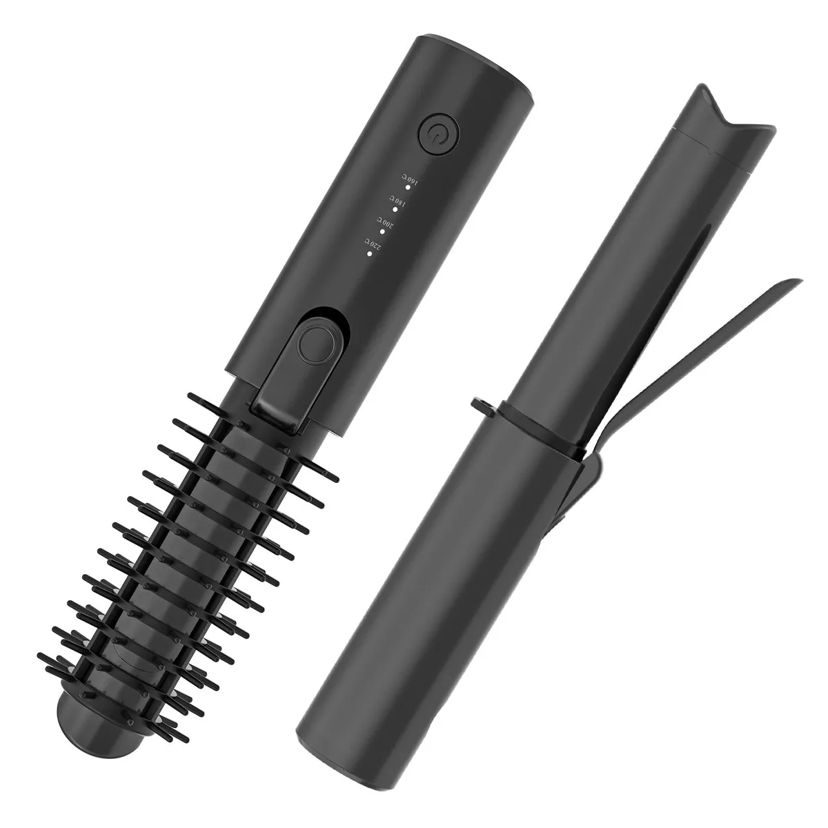 White cordless curling brush with 1.5 inch ceramic barrel and detachable comb teeth