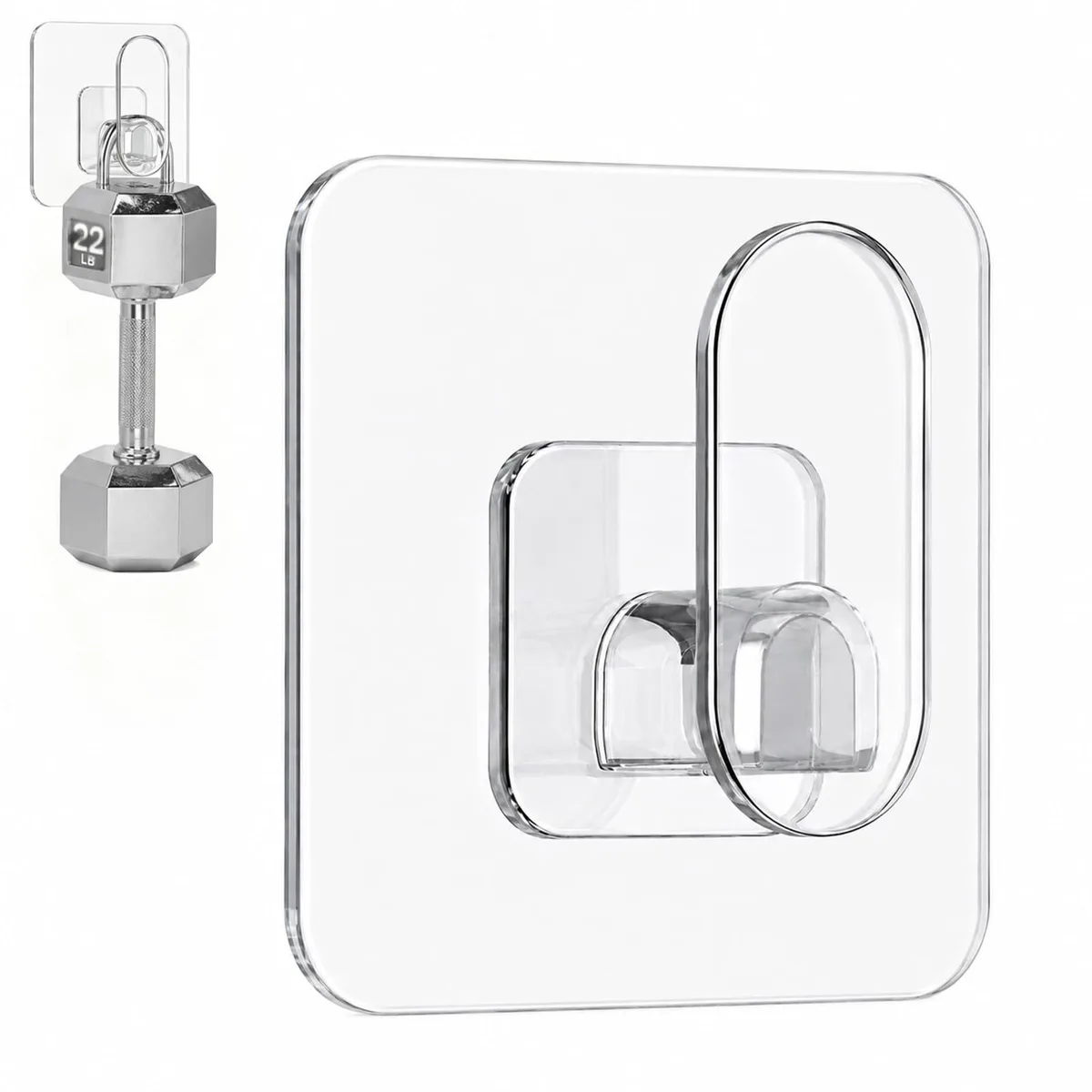Clear adhesive wall hooks, 18 transparent square pieces with sticky backing