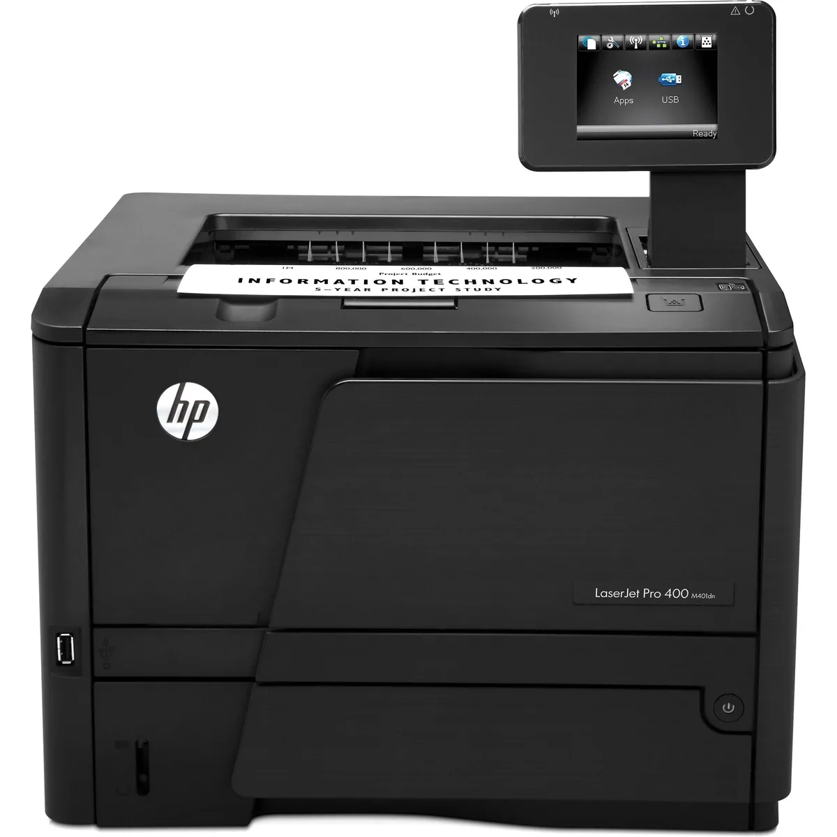 White rectangular laser printer with front paper tray and control panel