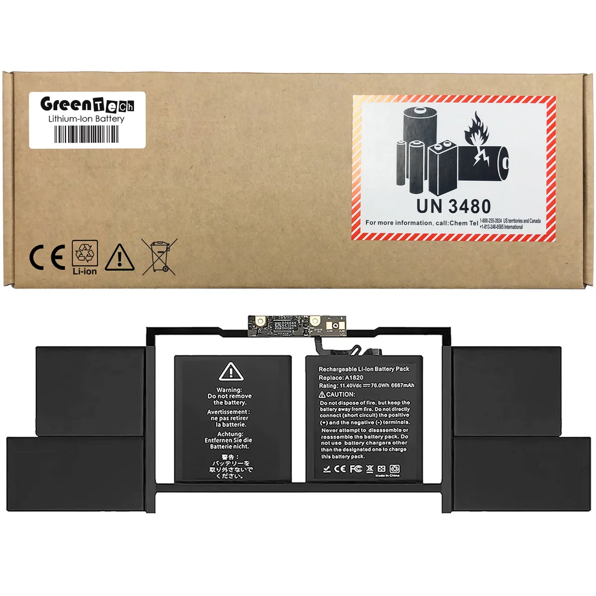 GreenTechLLC GreenTechLLC A1820 laptop battery for MacBook Pro 15 A1707 76WHR — product photo