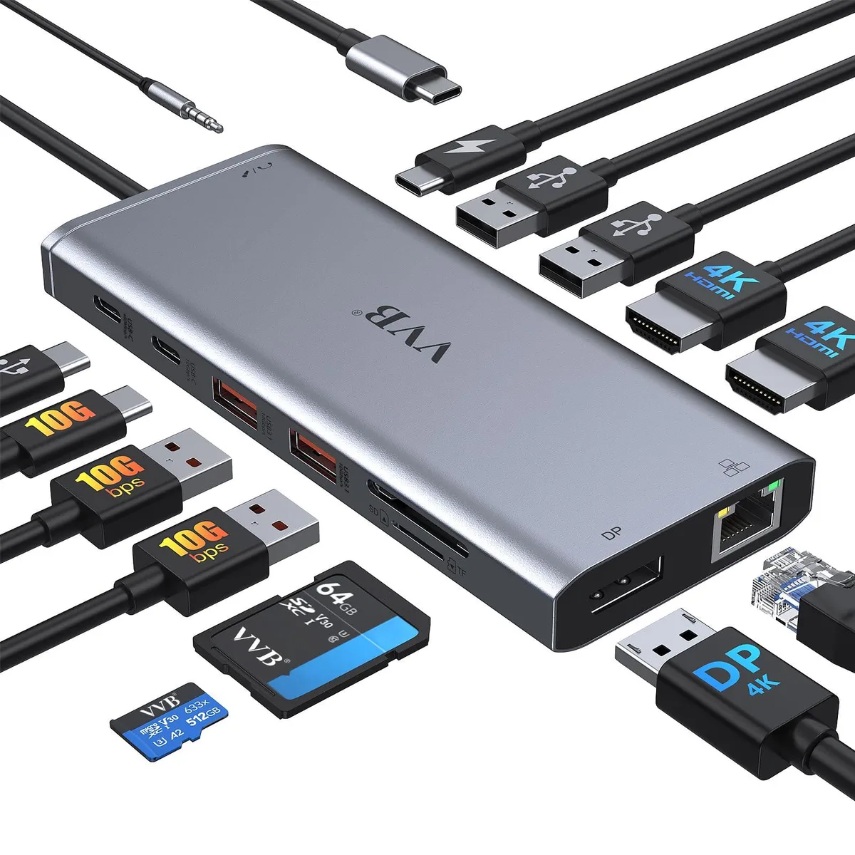 Compact gray docking station, slim rectangular shape, matte finish, multiple ports along both sides