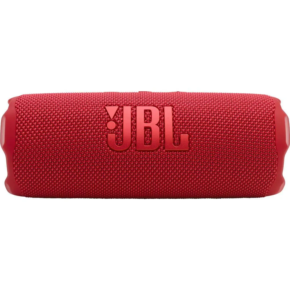 Red cylindrical portable Bluetooth speaker with fabric grille and rubberised ends
