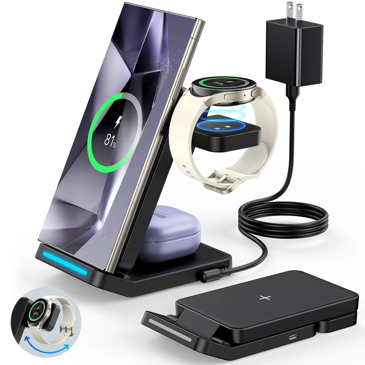 Black foldable wireless charging stand with phone, watch and earbud pads
