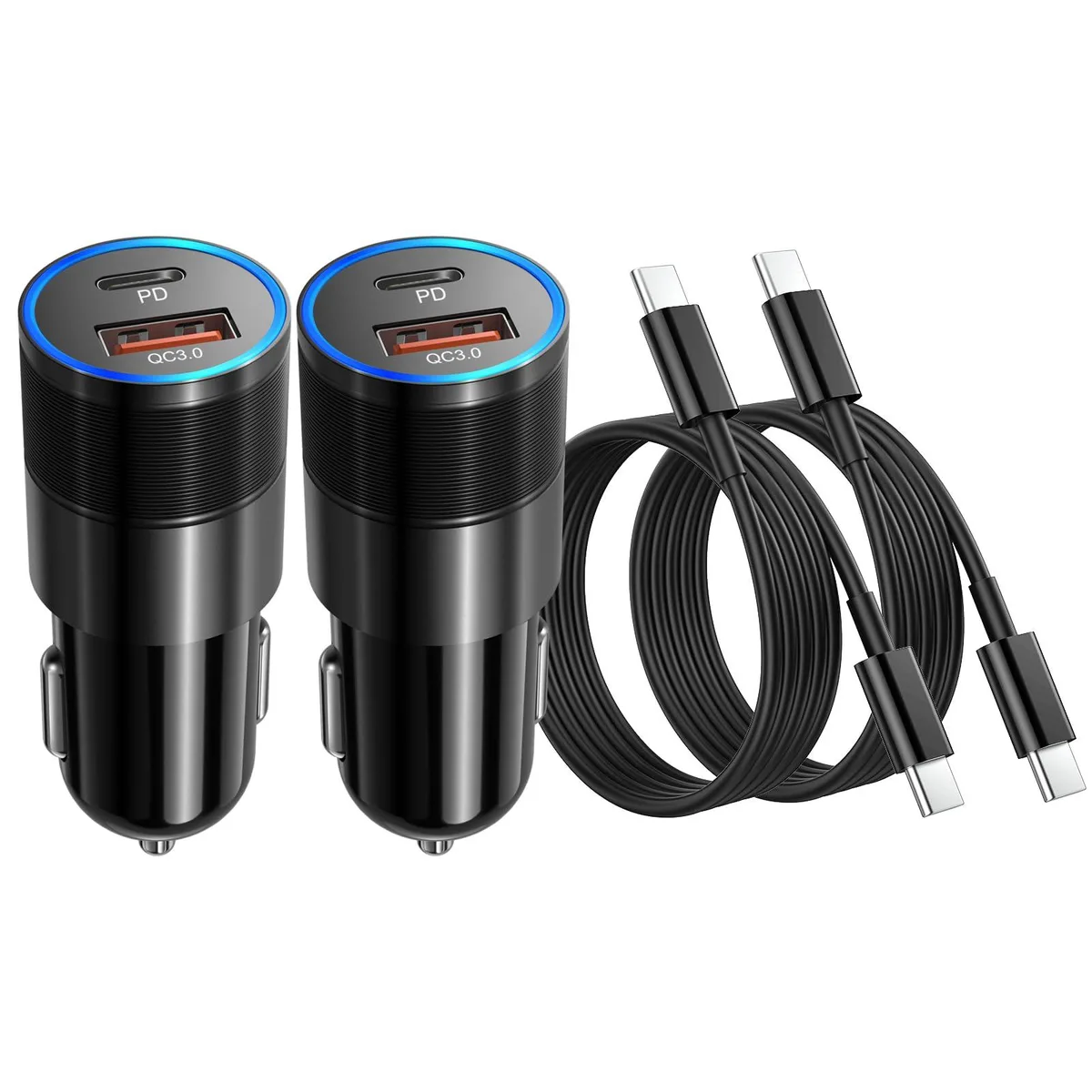 A compact dual USB-C car charger with a matte aluminium finish and a subtle LED ring