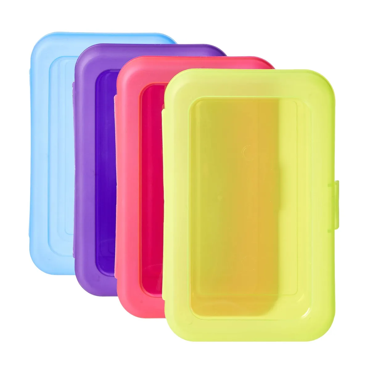 Four rectangular plastic pencil cases in pink yellow blue and purple with snap closures
