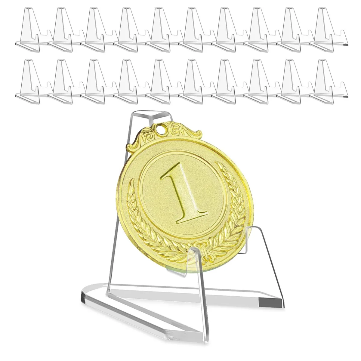 Twenty clear acrylic mini easels, each 2.13 by 1.65 by 2.13 inches, triangular form factor, glossy finish