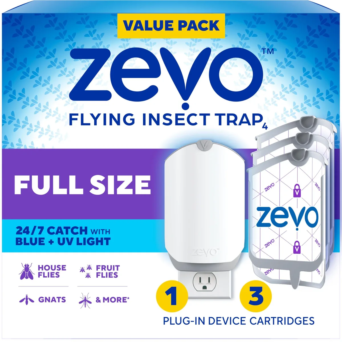 White rectangular plug-in insect trap with blue UV light and three refill cartridges