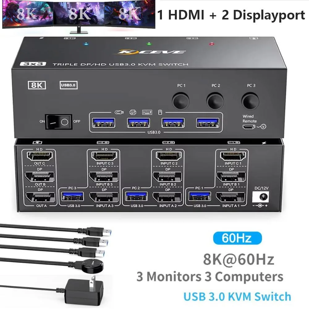 SMA SMA KVM Switch 3 Monitors 3 Computers 8K@60Hz 4K@144Hz HDMI+2 Displayport USB 3.0 — product photo