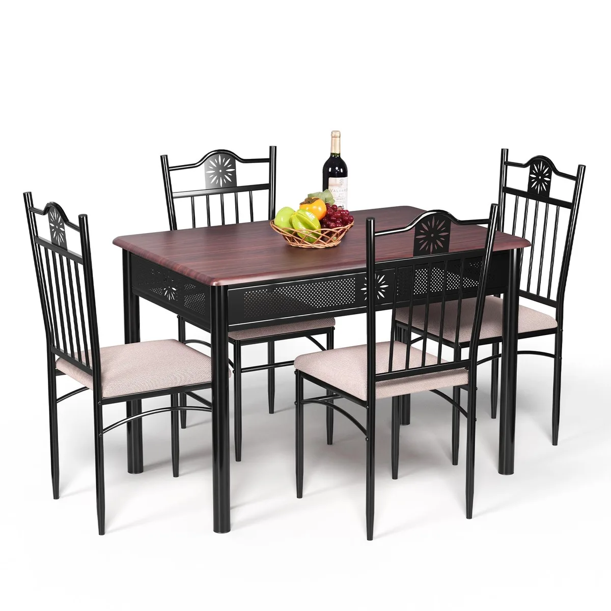 SlickBlue SlickBlue 5 Pcs Dining Set Wood Metal Table 4 Chairs Cushions Beige — product photo