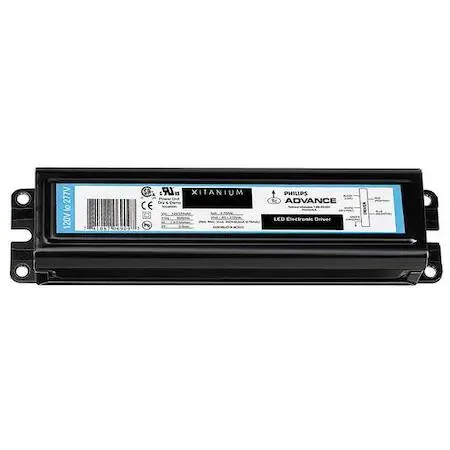Rectangular black metal LED driver with brass terminals, long case form factor