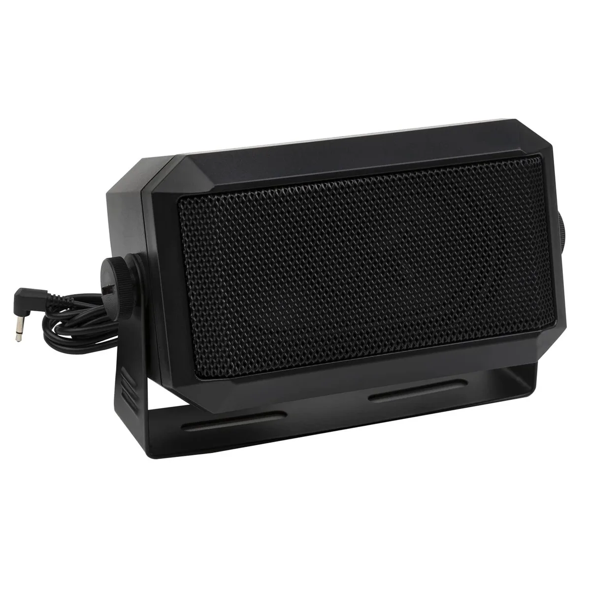 Black rectangular communications speaker with metal grille, mounting bracket and 3.5mm cable