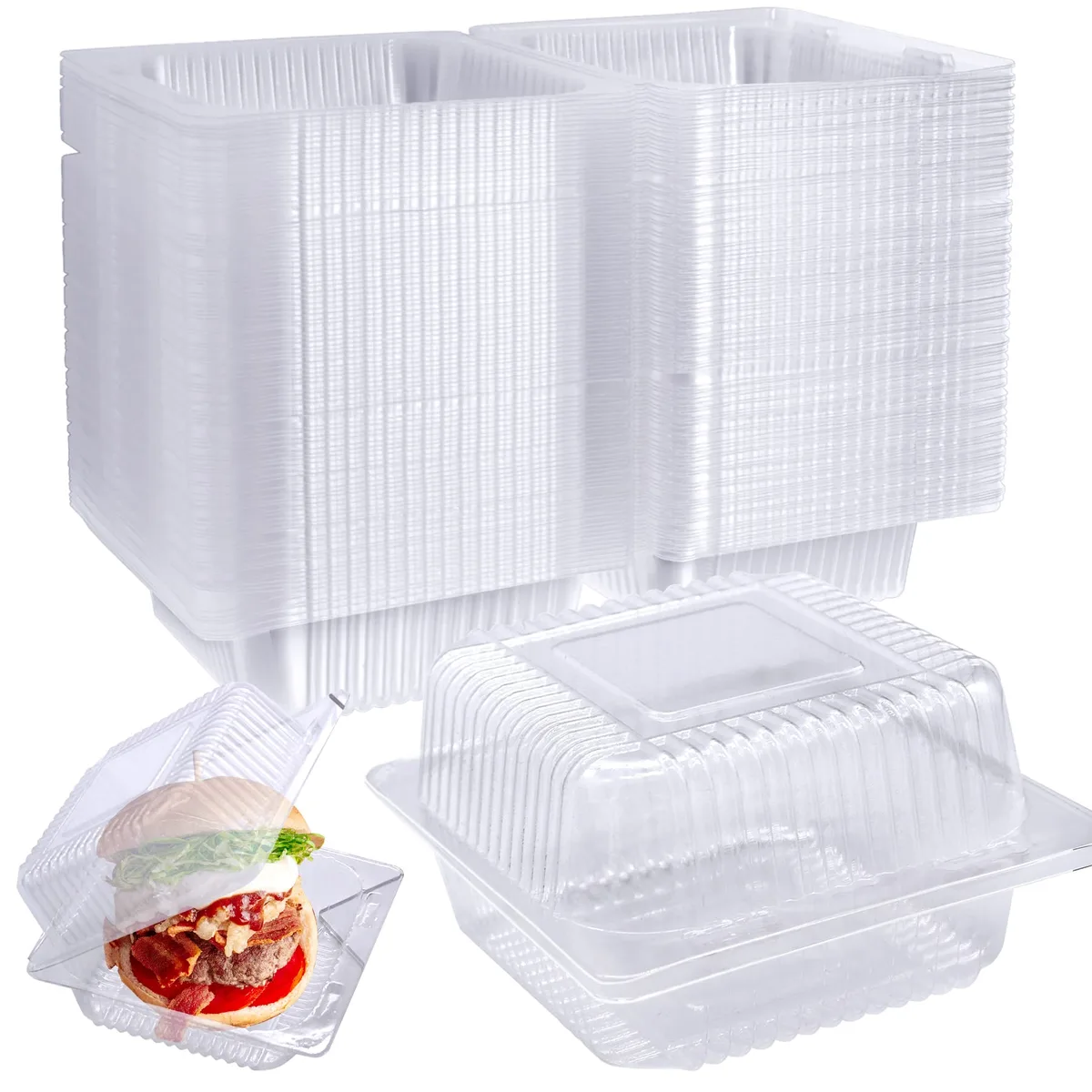 Stack of 100 clear hinged clamshell containers with red tint, square 5.2x4.5x2.8 inch form factor