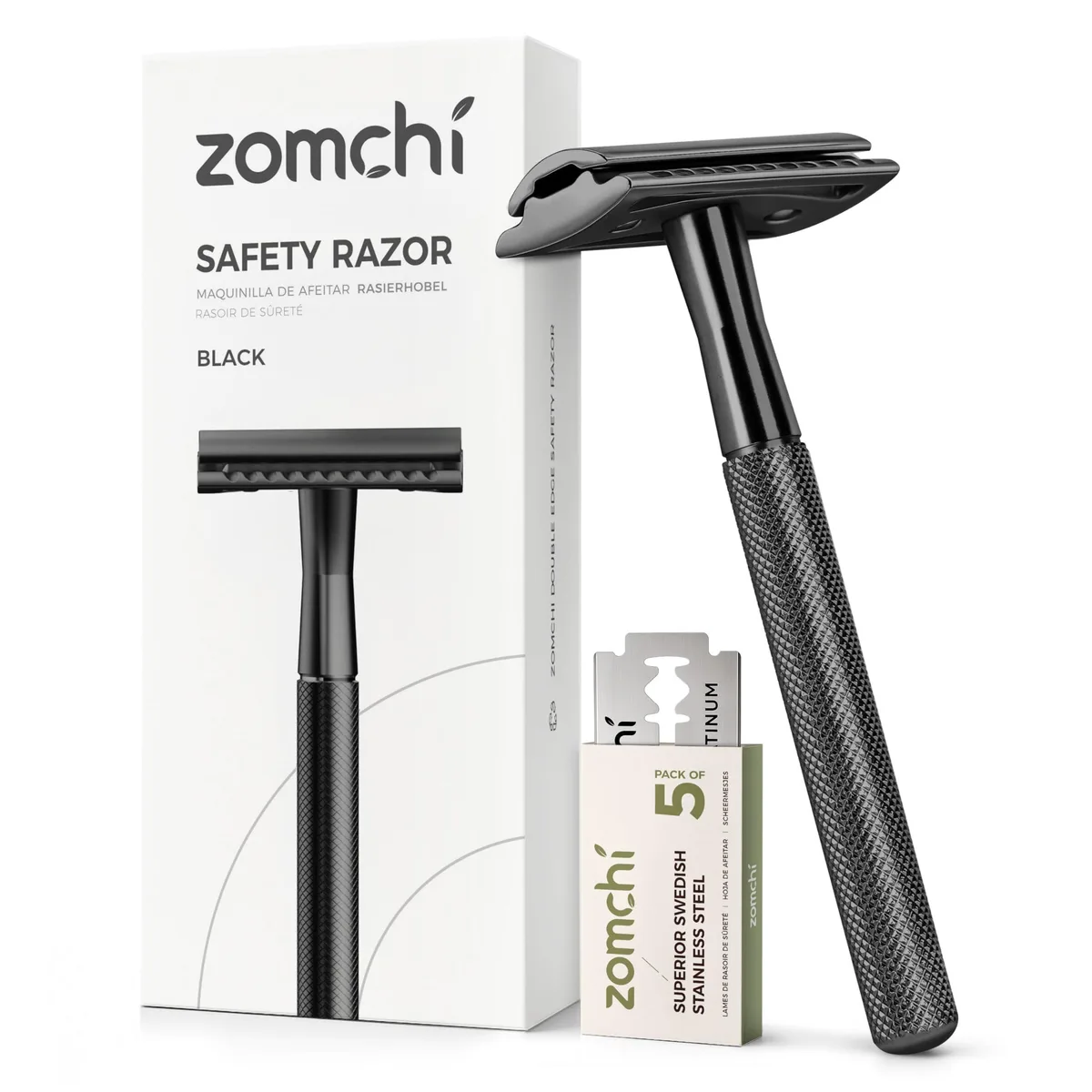 Black metal safety razor with five double-edge blades, zero-waste design