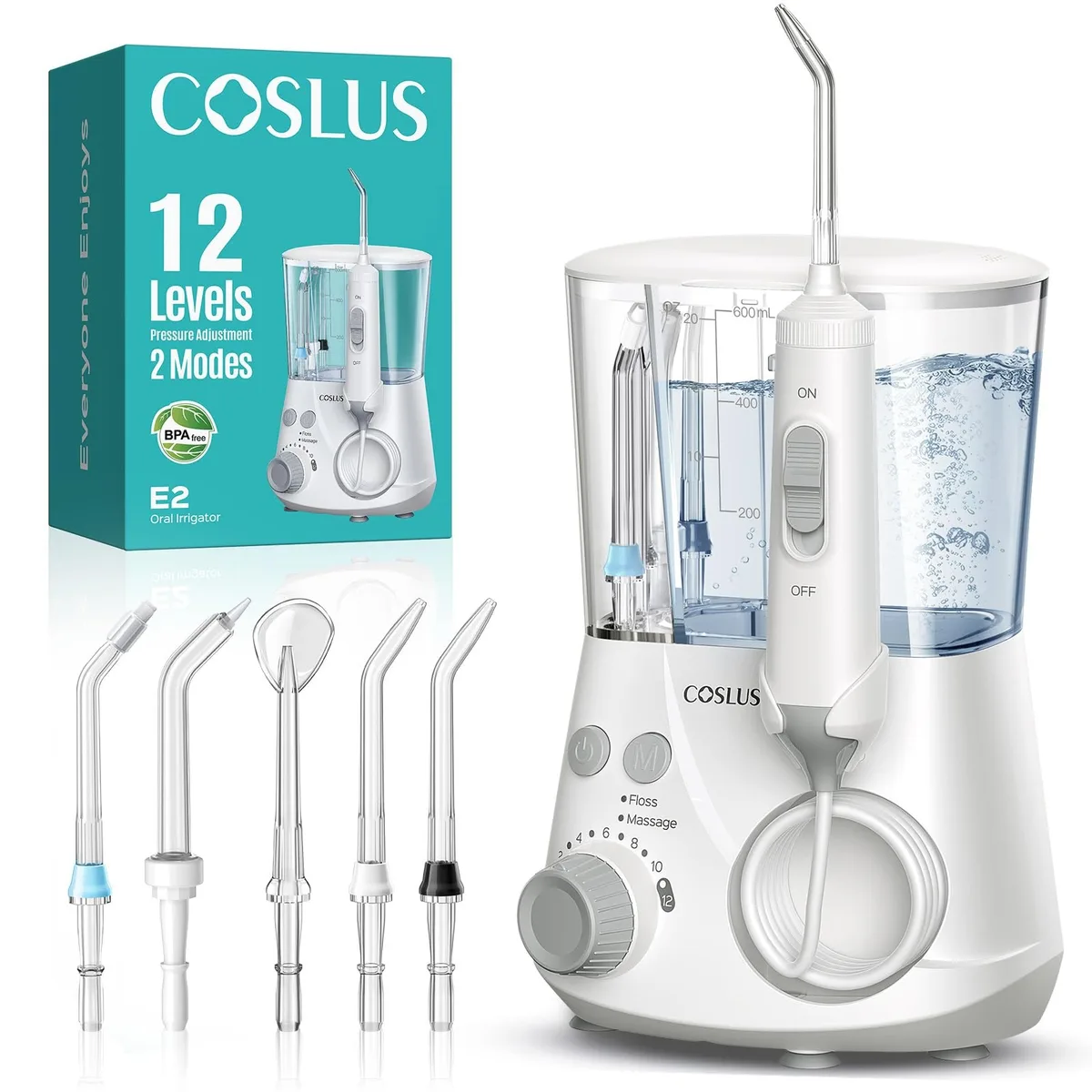 White corded water flosser with large tank and rotating tip
