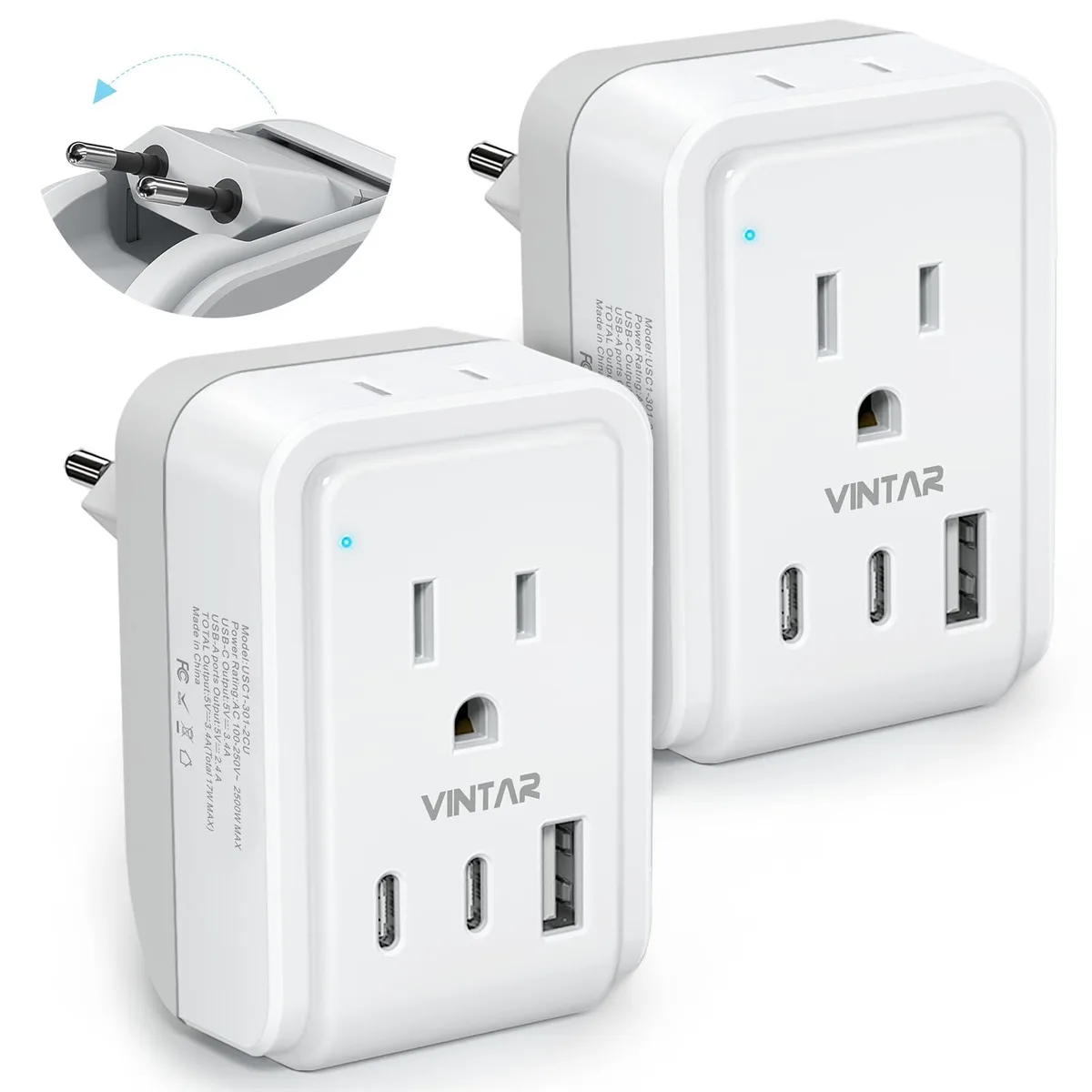 Two white and grey foldable Type C travel adapters with US sockets and USB ports