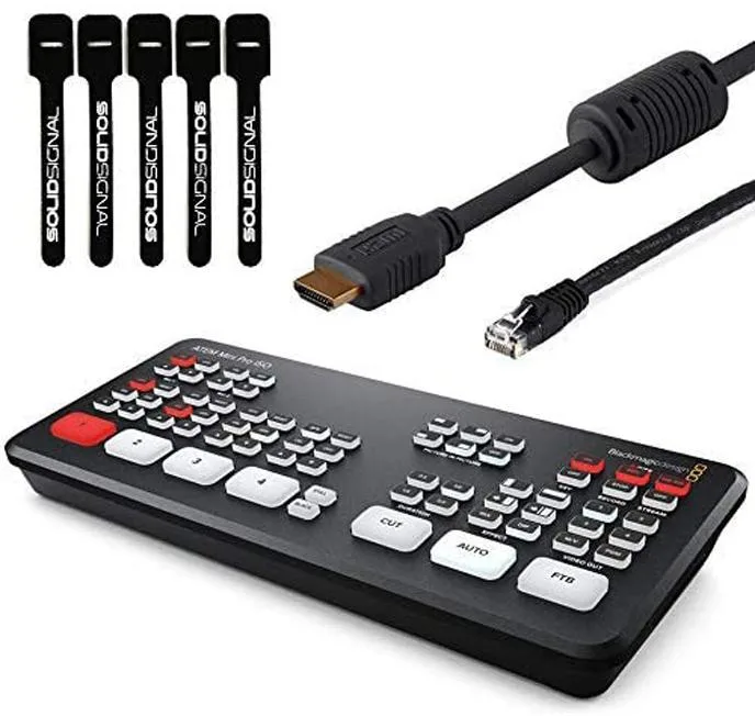 Blackmagic Design ATEM Mini Pro ISO switcher with HDMI and Cat5e cables and cable ties