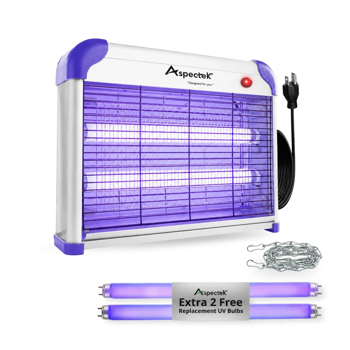 Purple rectangular bug zapper with dual-sided UV lights and protective mesh grid