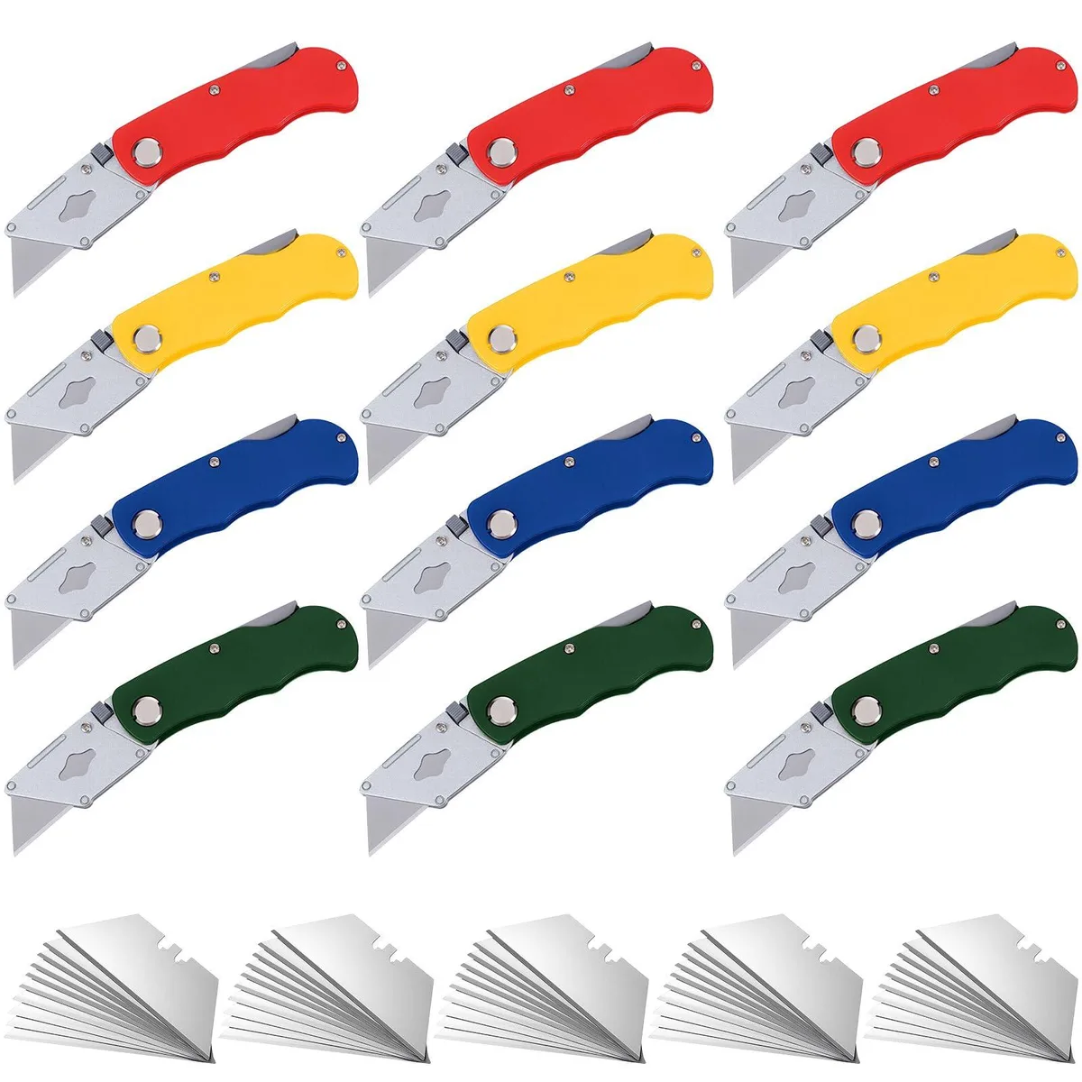 Twelve folding utility knives in four colours, 3.5 inches folded, with 50 spare blades