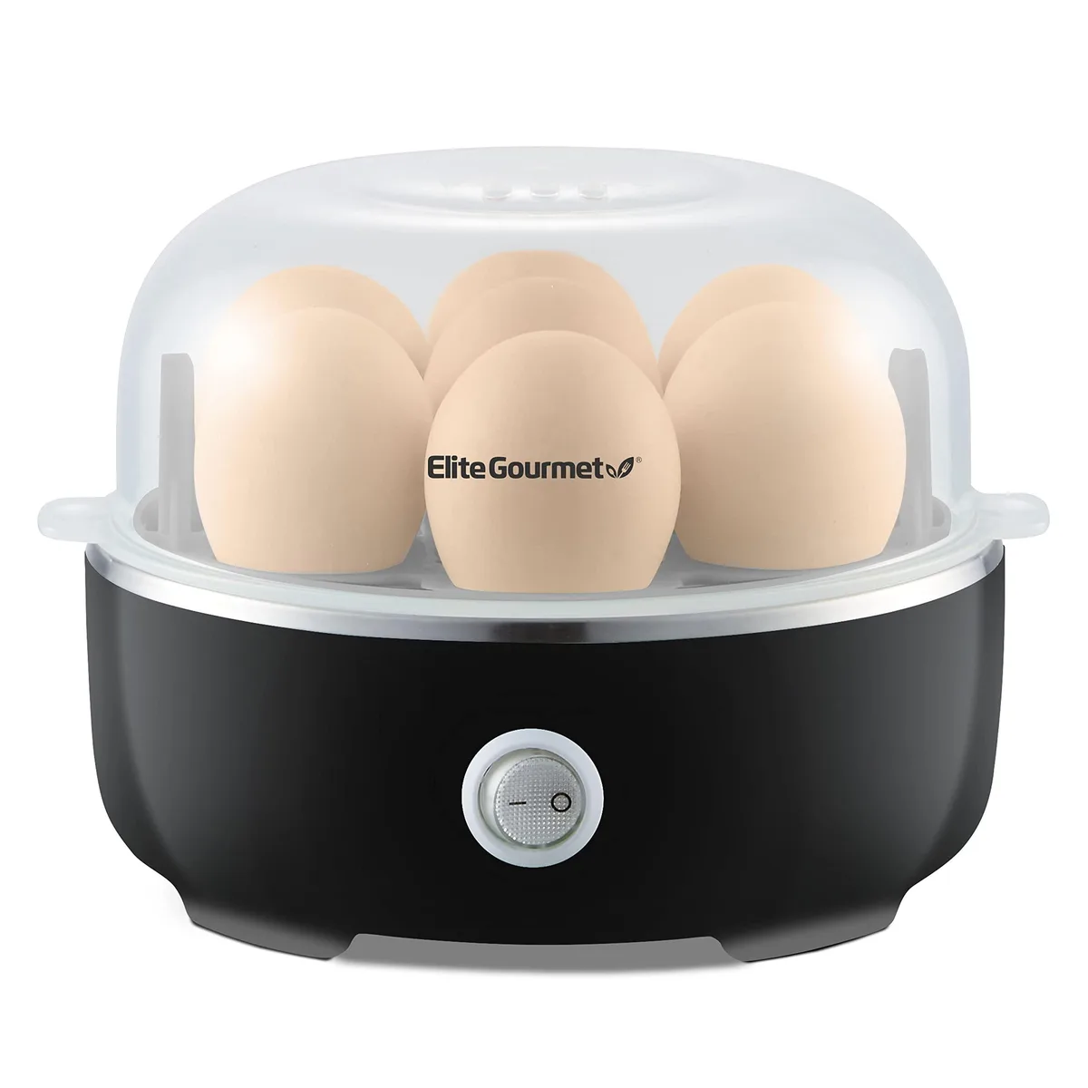 White electric egg cooker with clear lid and seven-egg tray